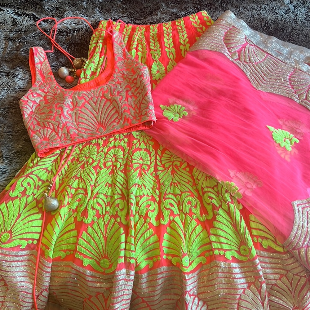 Hot pink and neon green lehenga
